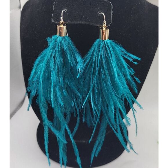 Teal Turquoise Feather Earrings Sterling Silver Hook 5in - Picture 1 of 4